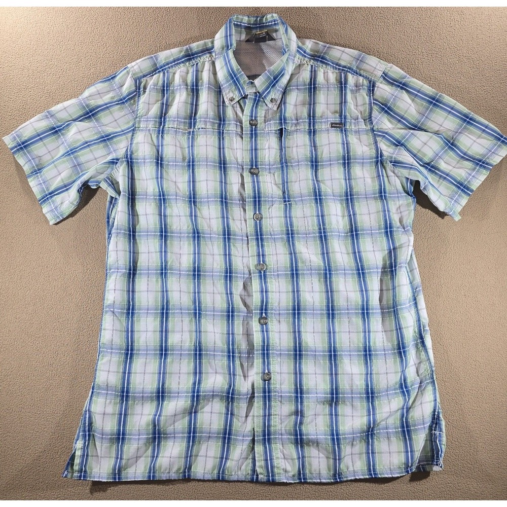 Eddie Bauer Travex Men's Medium Wicking Hiking Shirt Plaid Blue Nylon + Poly